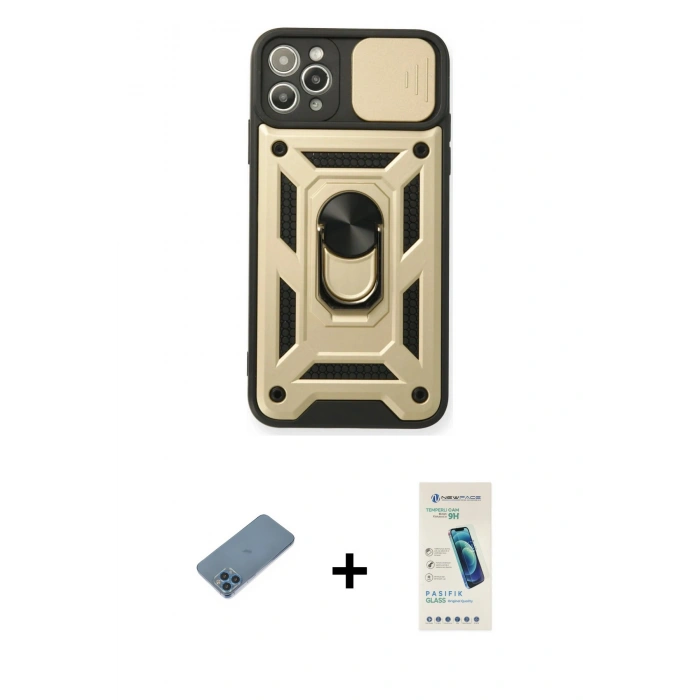 MARSİLYAN™- iPhone 11 Pro Kılıf Ahenk Klasik - Şeffaf Pasifik Cam Ekran Koruyucu + Shine Kamera Lens Koruma Cam - MI