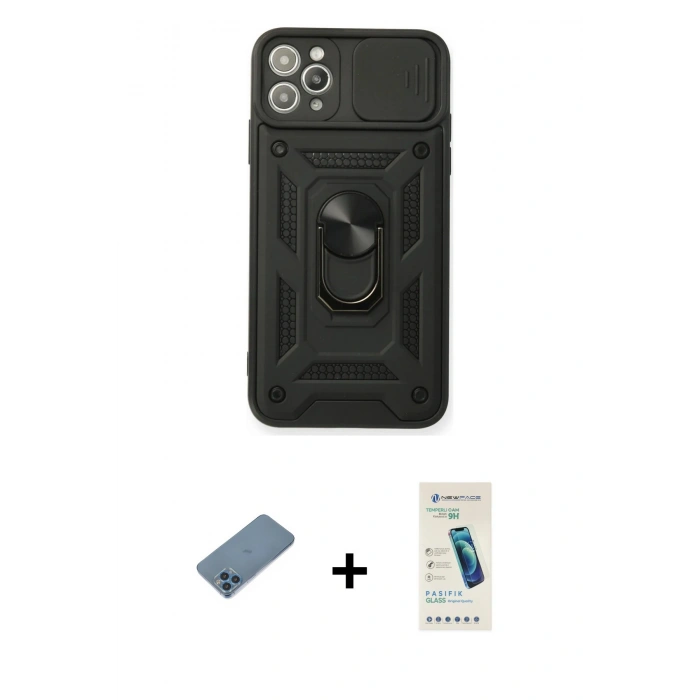 MARSİLYAN™- iPhone 11 Pro Kılıf Ahenk Klasik - Şeffaf Pasifik Cam Ekran Koruyucu + Shine Kamera Lens Koruma Cam - MI