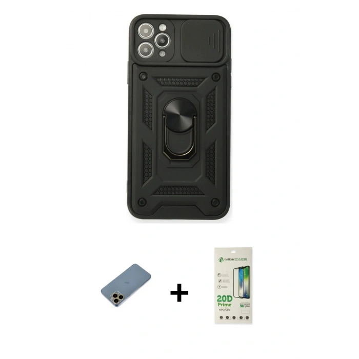 MARSİLYAN™- iPhone 11 Pro Kılıf Ahenk Klasik - Siyah 20D Premium Cam Ekran Koruyucu + Shine Kamera Lens Koruma Cam - GD