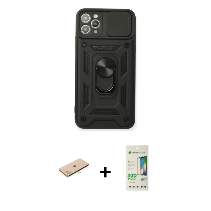 MARSİLYAN™- iPhone 11 Pro Kılıf Ahenk Klasik - Siyah 20D Premium Cam Ekran Koruyucu + Renkli Kamera Lens Koruma Cam - MI