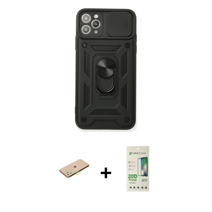 MARSİLYAN™- iPhone 11 Pro Kılıf Ahenk Klasik - Siyah 20D Premium Cam Ekran Koruyucu + Renkli Kamera Lens Koruma Cam - SI