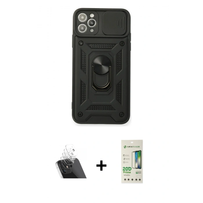 MARSİLYAN™- iPhone 11 Pro Kılıf Ahenk Klasik - Siyah 20D Premium Cam Ekran Koruyucu + Kamera Lens Koruma Cam - SF