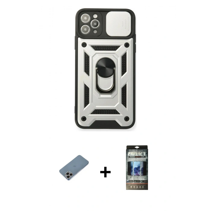 MARSİLYAN™- iPhone 11 Pro Kılıf Ahenk Klasik - Siyah 34D Hayalet Izgaralı Cam + Shine Kamera Lens Koruma Cam - GI