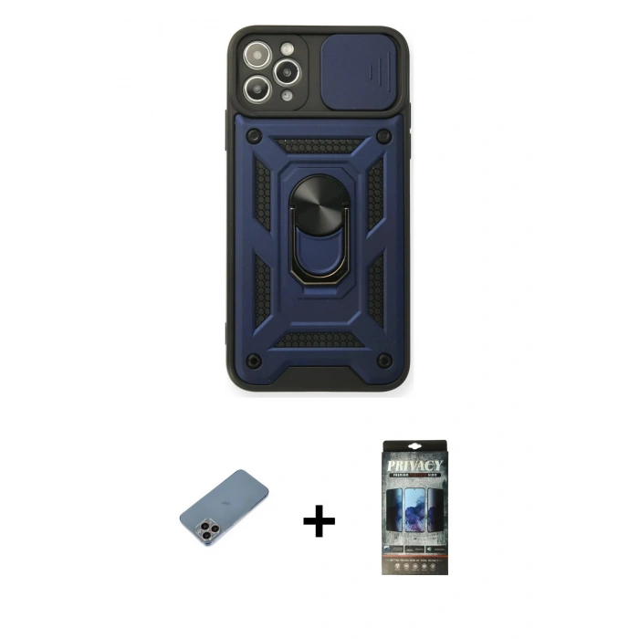 MARSİLYAN™- iPhone 11 Pro Kılıf Ahenk Klasik - Siyah 34D Hayalet Izgaralı Cam + Shine Kamera Lens Koruma Cam - GI