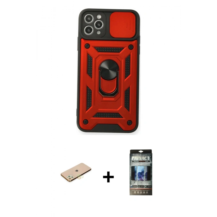 MARSİLYAN™- iPhone 11 Pro Kılıf Ahenk Klasik - Siyah 34D Hayalet Izgaralı Cam + Renkli Kamera Lens Koruma Cam - PE
