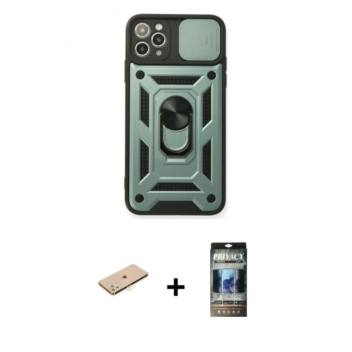 MARSİLYAN™- iPhone 11 Pro Kılıf Ahenk Klasik - Siyah 34D Hayalet Izgaralı Cam + Renkli Kamera Lens Koruma Cam - PE