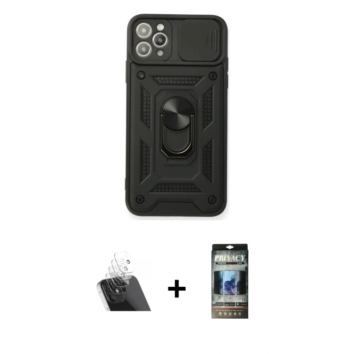 MARSİLYAN™- iPhone 11 Pro Kılıf Ahenk Klasik - Siyah 34D Hayalet Izgaralı Cam + Şeffaf Kamera Lens Koruma Cam