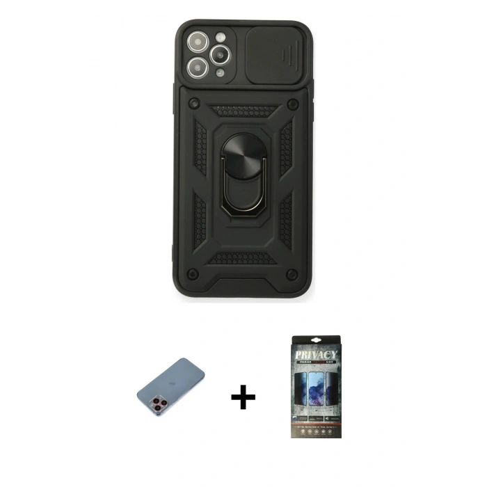 MARSİLYAN™- iPhone 11 Pro Kılıf Ahenk Klasik - Siyah 34D Hayalet Izgaralı Cam + Shine Kamera Lens Koruma Cam - PE
