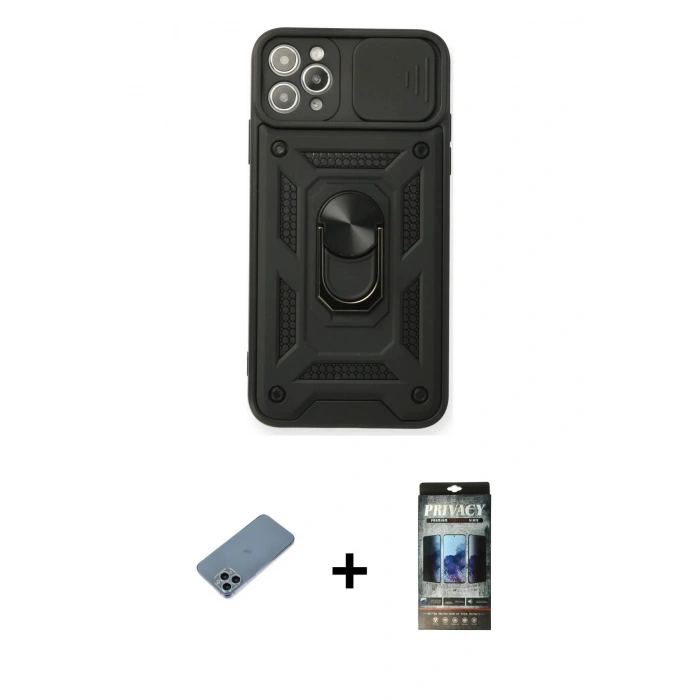 MARSİLYAN™- iPhone 11 Pro Kılıf Ahenk Klasik - Siyah 34D Hayalet Izgaralı Cam + Shine Kamera Lens Koruma Cam - SABE