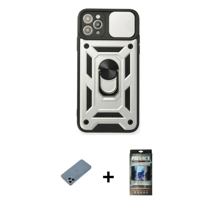 MARSİLYAN™- iPhone 11 Pro Kılıf Ahenk Klasik - Siyah 34D Hayalet Izgaralı Cam + Shine Kamera Lens Koruma Cam - SABE