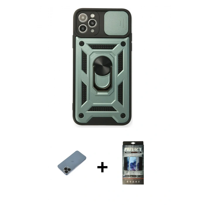 MARSİLYAN™- iPhone 11 Pro Kılıf Ahenk Klasik - Siyah 34D Hayalet Izgaralı Cam + Shine Kamera Lens Koruma Cam - SH