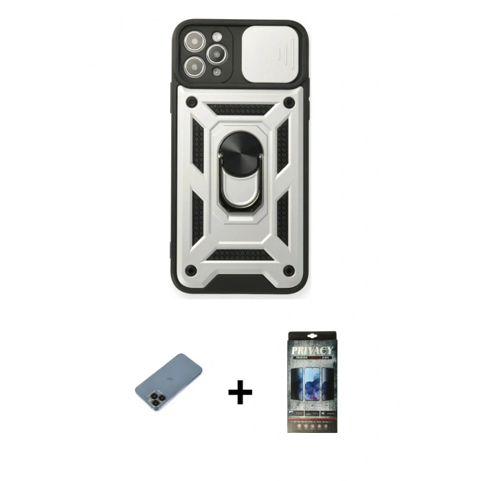 MARSİLYAN™- iPhone 11 Pro Kılıf Ahenk Klasik - Siyah 34D Hayalet Izgaralı Cam + Shine Kamera Lens Koruma Cam - SH