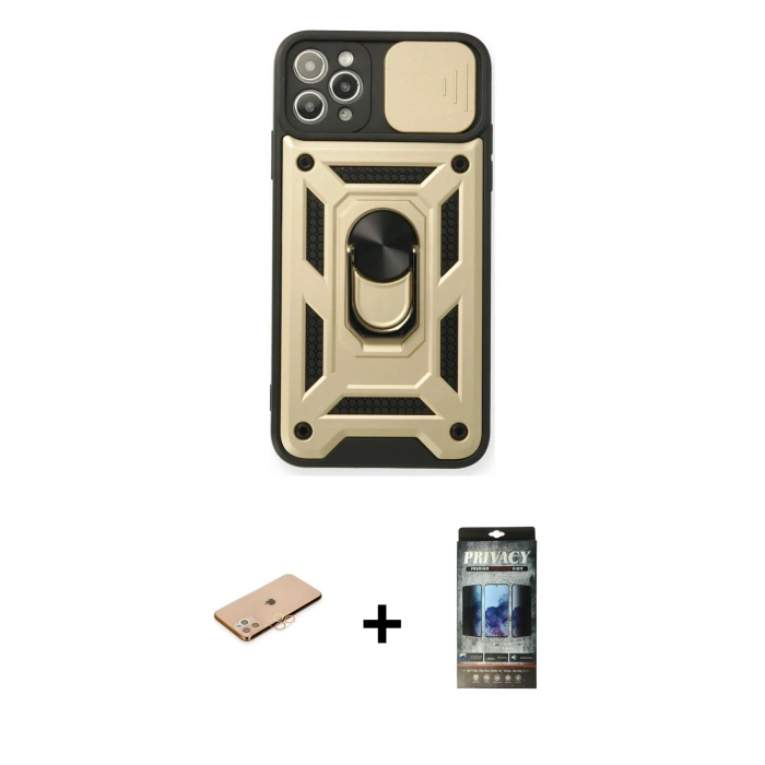 MARSİLYAN™- iPhone 11 Pro Kılıf Ahenk Klasik - Siyah 34D Hayalet Izgaralı Cam + Renkli Kamera Lens Koruma Cam - TU
