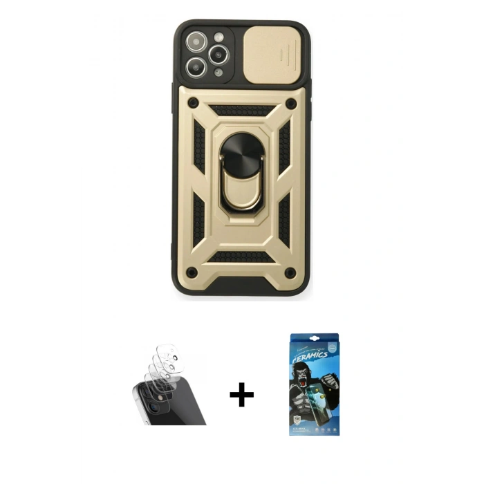 MARSİLYAN™- iPhone 11 Pro Kılıf Ahenk Klasik - Siyah 34D Izgaralı Cam + Kamera Lens Koruma Cam - SF