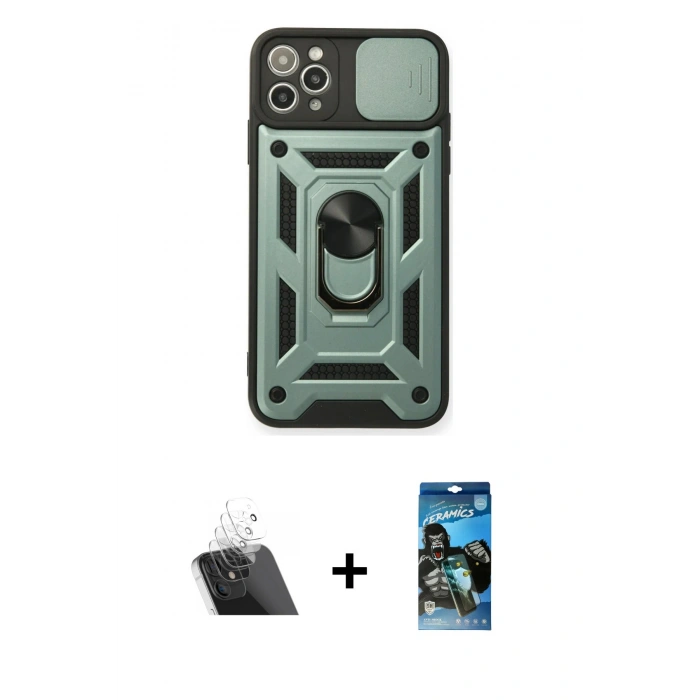 MARSİLYAN™- iPhone 11 Pro Kılıf Ahenk Klasik - Siyah 34D Izgaralı Cam + Kamera Lens Koruma Cam - SF