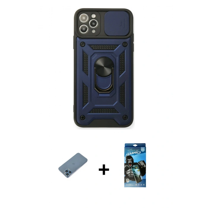 MARSİLYAN™- iPhone 11 Pro Kılıf Ahenk Klasik - Siyah 34D Izgaralı Cam + Shine Kamera Lens Koruma Cam - MI