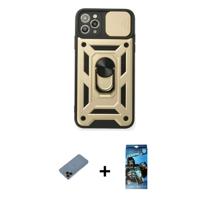 MARSİLYAN™- iPhone 11 Pro Kılıf Ahenk Klasik - Siyah 34D Izgaralı Cam + Shine Kamera Lens Koruma Cam - SH
