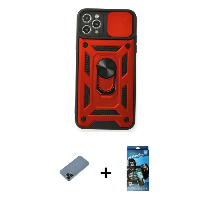 MARSİLYAN™- iPhone 11 Pro Kılıf Ahenk Klasik - Siyah 34D Izgaralı Cam + Shine Kamera Lens Koruma Cam - SH