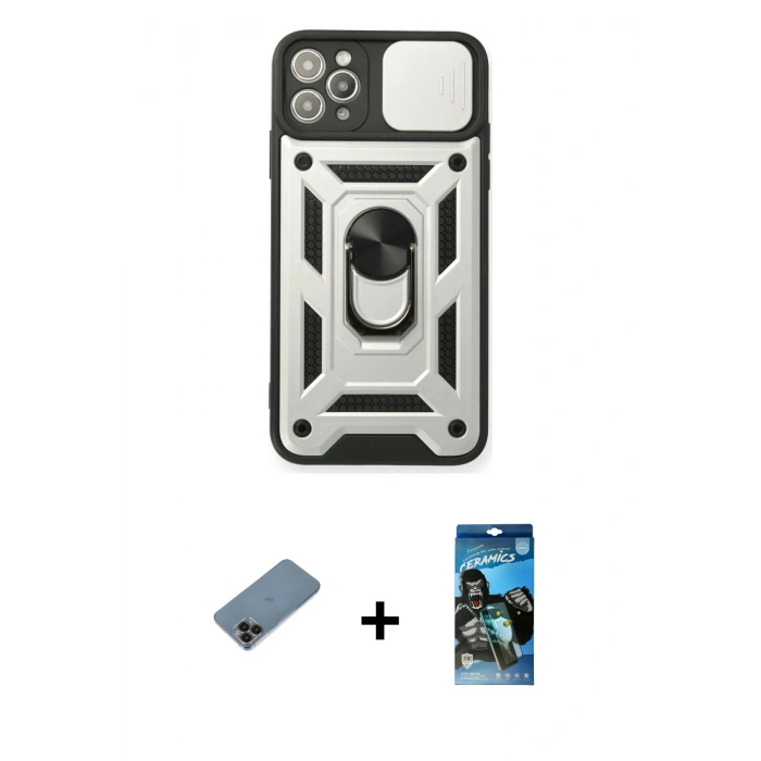 MARSİLYAN™- iPhone 11 Pro Kılıf Ahenk Klasik - Siyah 34D Izgaralı Cam + Shine Kamera Lens Koruma Cam - SH