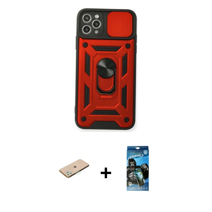 MARSİLYAN™- iPhone 11 Pro Kılıf Ahenk Klasik - Siyah 34D Izgaralı Cam + Renkli Kamera Lens Koruma Cam - YL