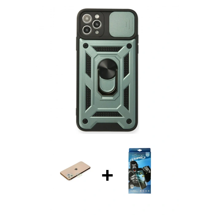 MARSİLYAN™- iPhone 11 Pro Kılıf Ahenk Klasik - Siyah 34D Izgaralı Cam + Renkli Kamera Lens Koruma Cam - YL