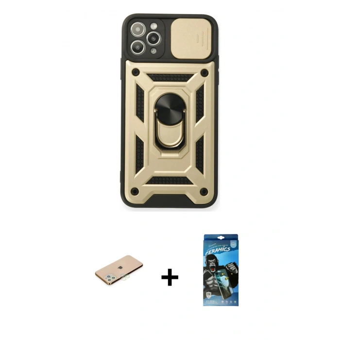 MARSİLYAN™- iPhone 11 Pro Kılıf Ahenk Klasik - Siyah 34D Izgaralı Cam + Renkli Kamera Lens Koruma Cam - YL