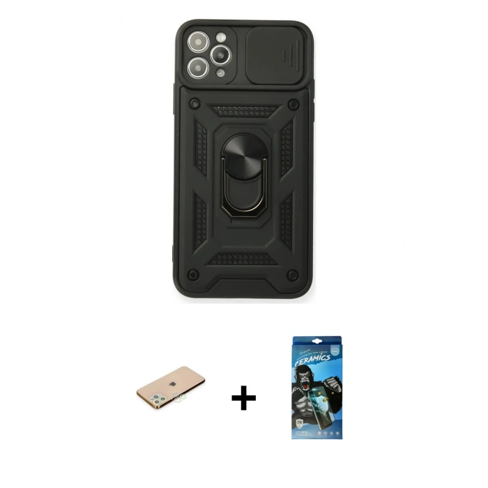 MARSİLYAN™- iPhone 11 Pro Kılıf Ahenk Klasik - Siyah 34D Izgaralı Cam + Renkli Kamera Lens Koruma Cam - YL