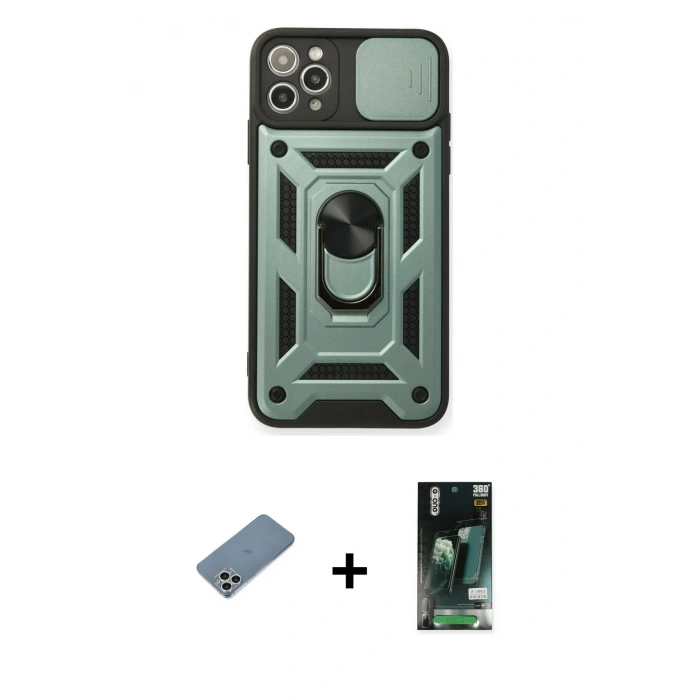 MARSİLYAN™- iPhone 11 Pro Kılıf Ahenk Klasik - Siyah 360 Mat Full Body Arka Koruyucu + Shine Kamera Lens Koruma Cam - GS