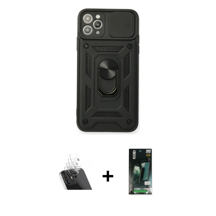 MARSİLYAN™- iPhone 11 Pro Kılıf Ahenk Klasik - Siyah 360 Mat Full Body Arka Koruyucu + Kamera Lens Koruma Cam - SF