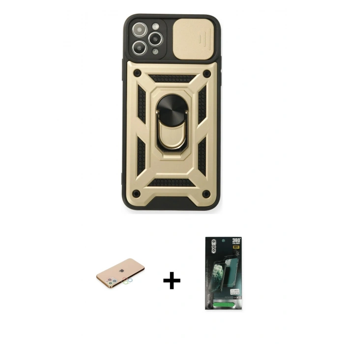 MARSİLYAN™- iPhone 11 Pro Kılıf Ahenk Klasik - Siyah 360 Mat Full Body Arka Koruyucu + Renkli Kamera Lens Koruma Cam - MI