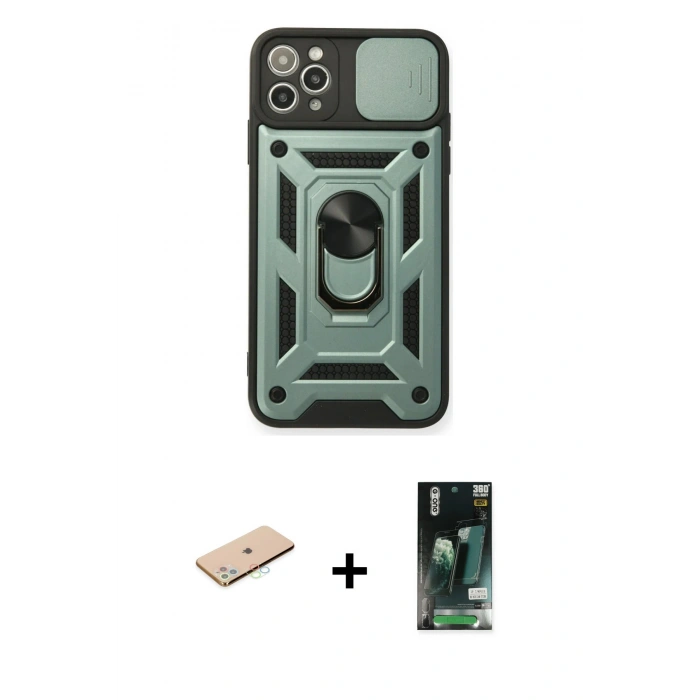 MARSİLYAN™- iPhone 11 Pro Kılıf Ahenk Klasik - Siyah 360 Mat Full Body Arka Koruyucu + Renkli Kamera Lens Koruma Cam - MI