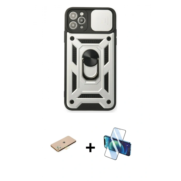 MARSİLYAN™- iPhone 11 Pro Kılıf Ahenk Klasik - Siyah 3D Antistatik Cam Ekran Koruyucu + Renkli Kamera Lens Koruma Cam - PE