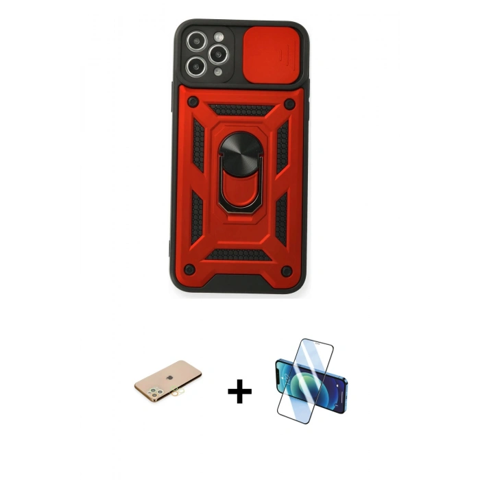 MARSİLYAN™- iPhone 11 Pro Kılıf Ahenk Klasik - Siyah 3D Antistatik Cam Ekran Koruyucu + Renkli Kamera Lens Koruma Cam - PE