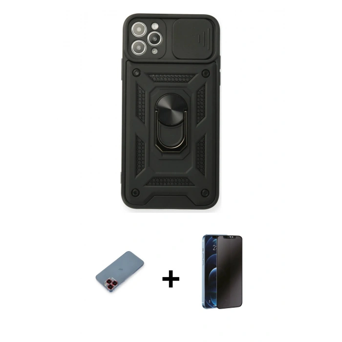 MARSİLYAN™- iPhone 11 Pro Kılıf Ahenk Klasik - Siyah 3D Antistatik Hayalet Cam Ekran Koruyucu + Metal Kamera Lens Koruma Cam - KI