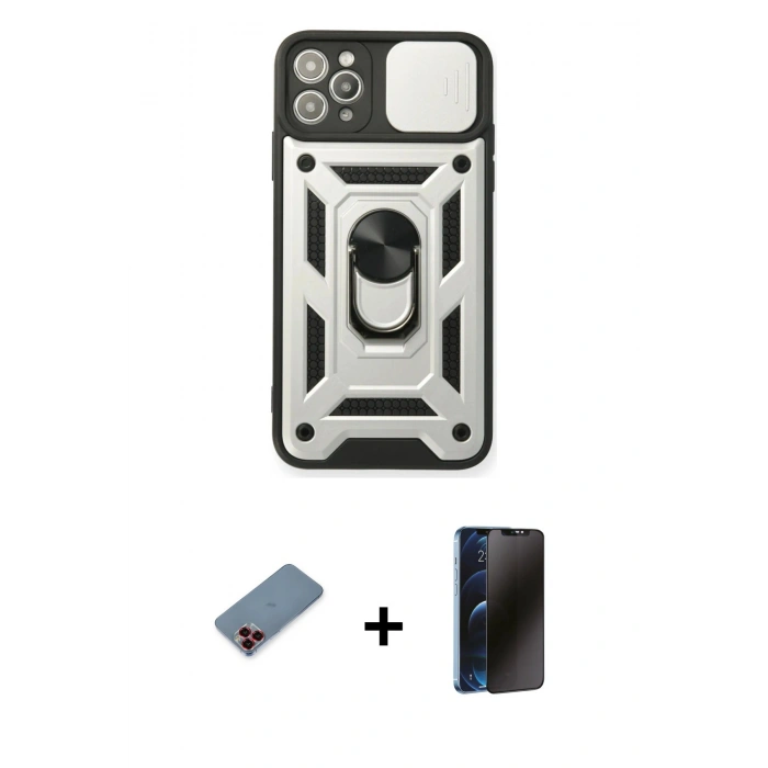 MARSİLYAN™- iPhone 11 Pro Kılıf Ahenk Klasik - Siyah 3D Antistatik Hayalet Cam Ekran Koruyucu + Metal Kamera Lens Koruma Cam - KI