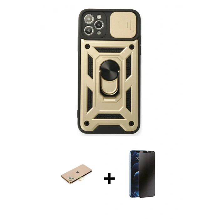 MARSİLYAN™- iPhone 11 Pro Kılıf Ahenk Klasik - Siyah 3D Antistatik Hayalet Cam Ekran Koruyucu + Renkli Kamera Lens Koruma Cam - SI