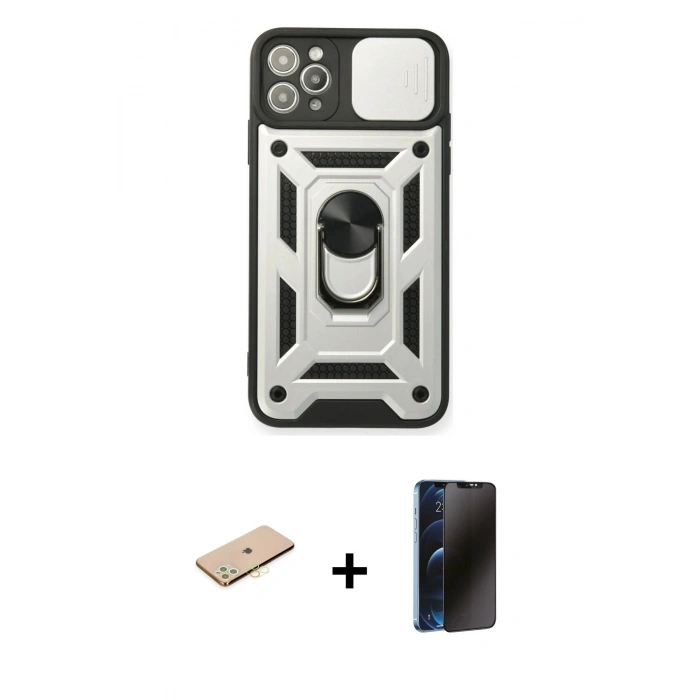 MARSİLYAN™- iPhone 11 Pro Kılıf Ahenk Klasik - Siyah 3D Antistatik Hayalet Cam Ekran Koruyucu + Renkli Kamera Lens Koruma Cam - SI