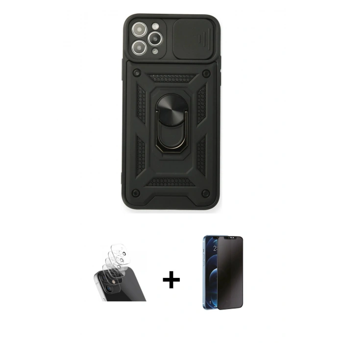 MARSİLYAN™- iPhone 11 Pro Kılıf Ahenk Klasik - Siyah 3D Antistatik Hayalet Cam Ekran Koruyucu + Kamera Lens Koruma Cam - SF