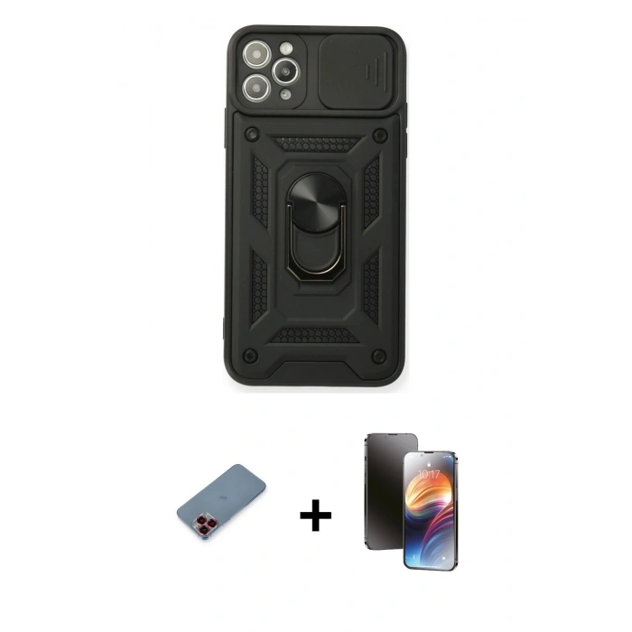 MARSİLYAN™- iPhone 11 Pro Kılıf Ahenk Klasik - Siyah 3D Antistatik Mat Seramik Nano Ekran Koruyucu + Metal Kamera Lens Koruma Cam - KI