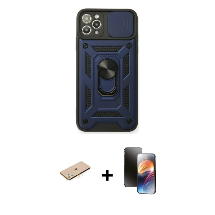 MARSİLYAN™- iPhone 11 Pro Kılıf Ahenk Klasik - Siyah 3D Antistatik Mat Seramik Nano Ekran Koruyucu + Renkli Kamera Lens Koruma Cam - PE