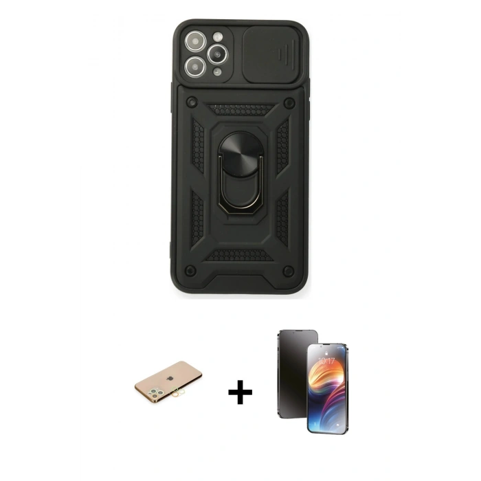 MARSİLYAN™- iPhone 11 Pro Kılıf Ahenk Klasik - Siyah 3D Antistatik Mat Seramik Nano Ekran Koruyucu + Renkli Kamera Lens Koruma Cam - PE