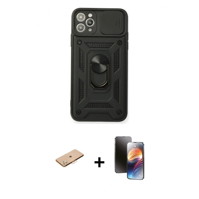 MARSİLYAN™- iPhone 11 Pro Kılıf Ahenk Klasik - Siyah 3D Antistatik Mat Seramik Nano Ekran Koruyucu + Renkli Kamera Lens Koruma Cam - TU
