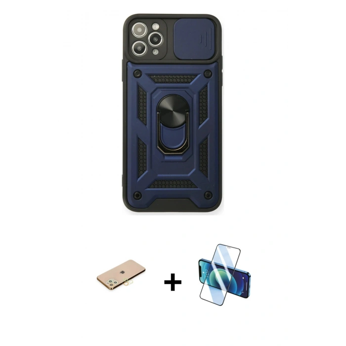 MARSİLYAN™- iPhone 11 Pro Kılıf Ahenk Klasik - Siyah 3D Antistatik Seramik Nano Ekran Koruyucu + Renkli Kamera Lens Koruma Cam - SI