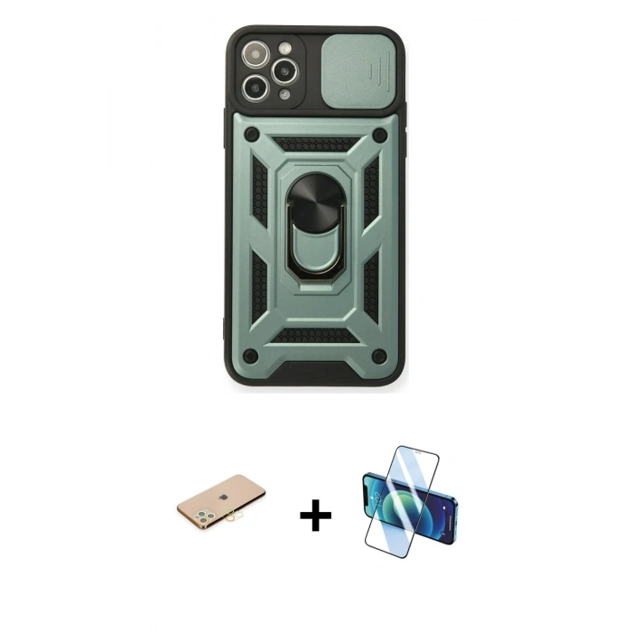 MARSİLYAN™- iPhone 11 Pro Kılıf Ahenk Klasik - Siyah 3D Antistatik Seramik Nano Ekran Koruyucu + Renkli Kamera Lens Koruma Cam - SI