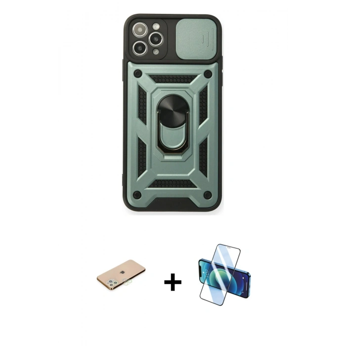 MARSİLYAN™- iPhone 11 Pro Kılıf Ahenk Klasik - Siyah 3D Antistatik Seramik Nano Ekran Koruyucu + Renkli Kamera Lens Koruma Cam - YL