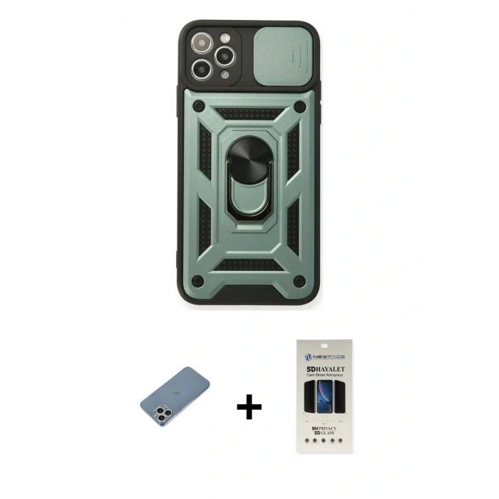 MARSİLYAN™- iPhone 11 Pro Kılıf Ahenk Klasik - Siyah 5D Hayalet Cam Ekran Koruyucu + Shine Kamera Lens Koruma Cam - GS