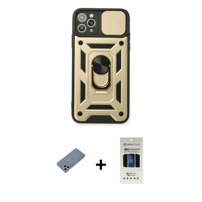 MARSİLYAN™- iPhone 11 Pro Kılıf Ahenk Klasik - Siyah 5D Hayalet Cam Ekran Koruyucu + Shine Kamera Lens Koruma Cam - GS