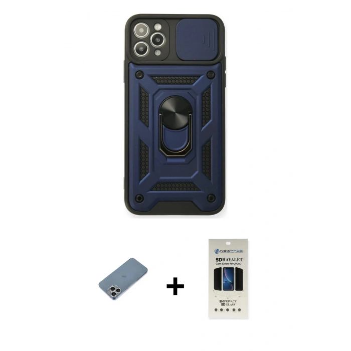MARSİLYAN™- iPhone 11 Pro Kılıf Ahenk Klasik - Siyah 5D Hayalet Cam Ekran Koruyucu + Shine Kamera Lens Koruma Cam - GS