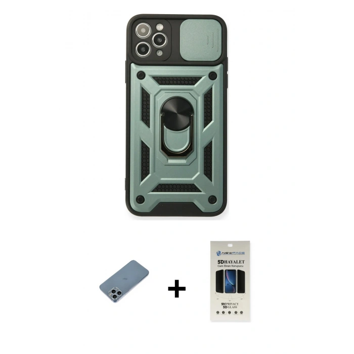 MARSİLYAN™- iPhone 11 Pro Kılıf Ahenk Klasik - Siyah 5D Hayalet Cam Ekran Koruyucu + Shine Kamera Lens Koruma Cam - SABE