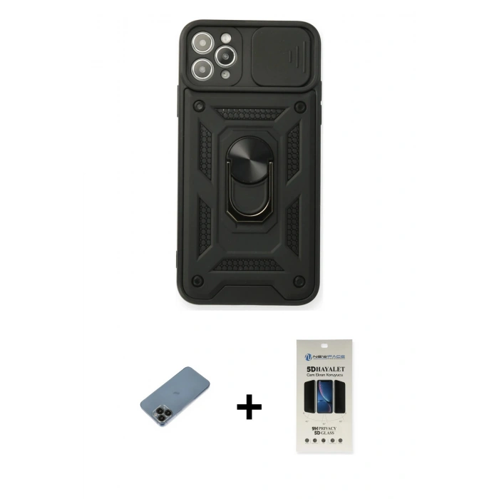 MARSİLYAN™- iPhone 11 Pro Kılıf Ahenk Klasik - Siyah 5D Hayalet Cam Ekran Koruyucu + Shine Kamera Lens Koruma Cam - SH